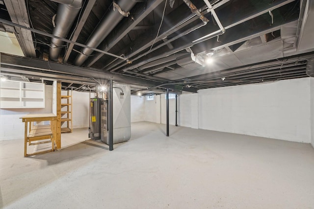 basement with heating unit and water heater