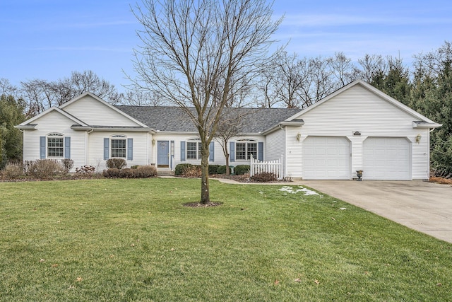 ranch-style home with a garage and a front lawn