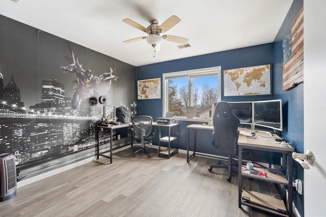 office area featuring hardwood / wood-style flooring and ceiling fan