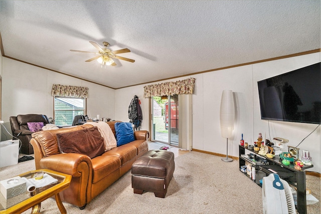 4348 S Grandview Hwy, Harrietta, MI 49638 - living room featuring lofted ceiling, crown molding, plenty of natural light, and light colored carpet