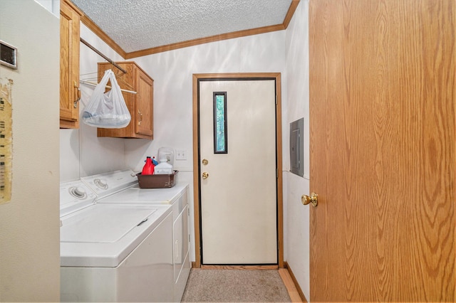 4348 S Grandview Hwy, Harrietta, MI 49638 - clothes washing area featuring electric panel, independent washer and dryer, cabinets, ornamental molding, and a textured ceiling