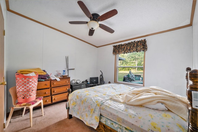 4348 S Grandview Hwy, Harrietta, MI 49638 - carpeted bedroom featuring crown molding, ceiling fan, and vaulted ceiling