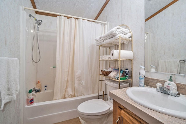 4348 S Grandview Hwy, Harrietta, MI 49638 - full bathroom with vanity, shower / tub combo with curtain, a textured ceiling, and toilet
