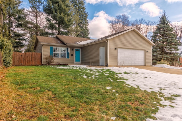 ranch-style house with a garage and a front lawn