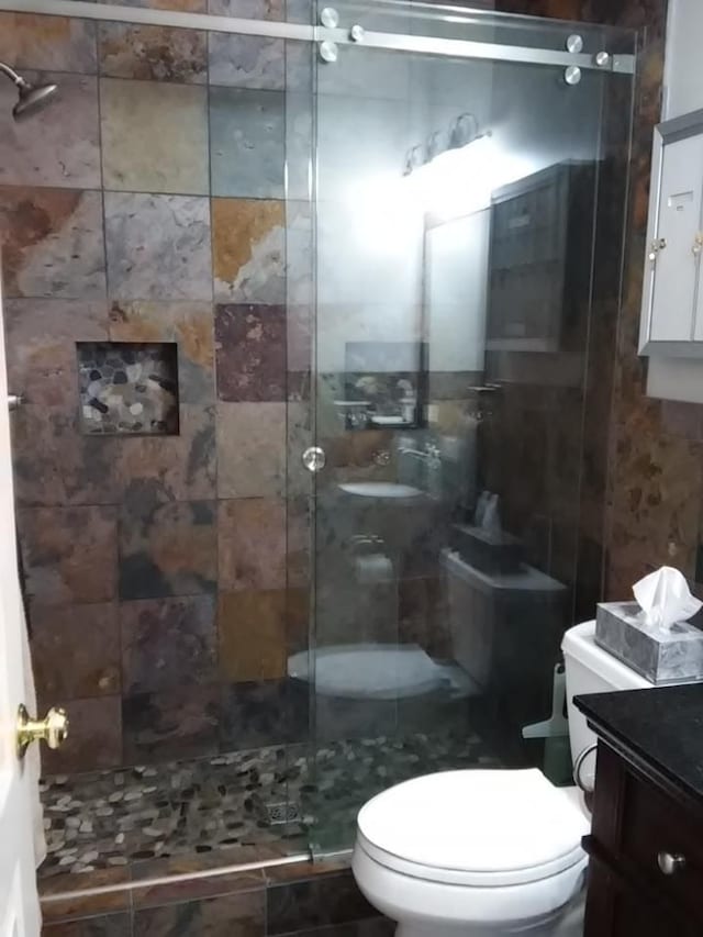 bathroom featuring vanity, a tile shower, and toilet