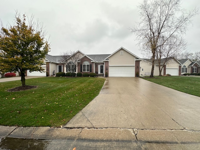 ranch-style home with a garage and a front yard