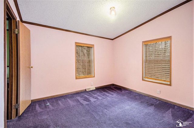 carpeted spare room with crown molding, lofted ceiling, and a textured ceiling