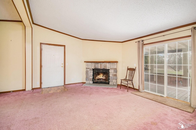 unfurnished living room featuring crown molding, carpet floors, and a textured ceiling