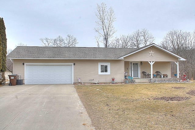 single story home featuring a garage, a front yard, and covered porch