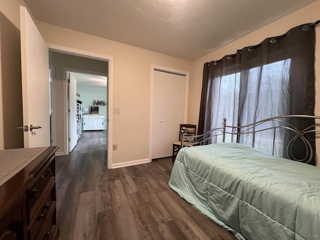 bedroom featuring dark hardwood / wood-style floors and a closet