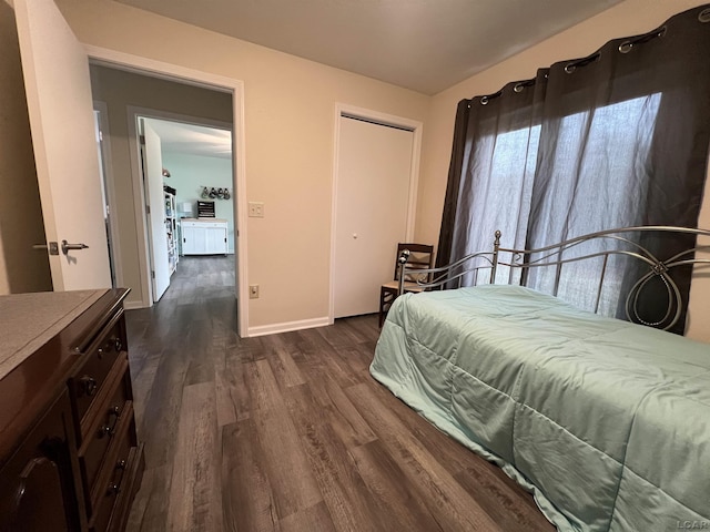 bedroom featuring dark hardwood / wood-style floors and a closet