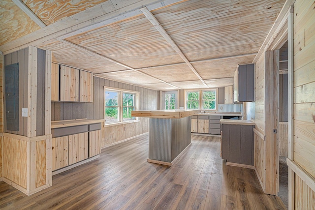 kitchen with a kitchen island, light brown cabinetry, electric panel, and dark hardwood / wood-style flooring