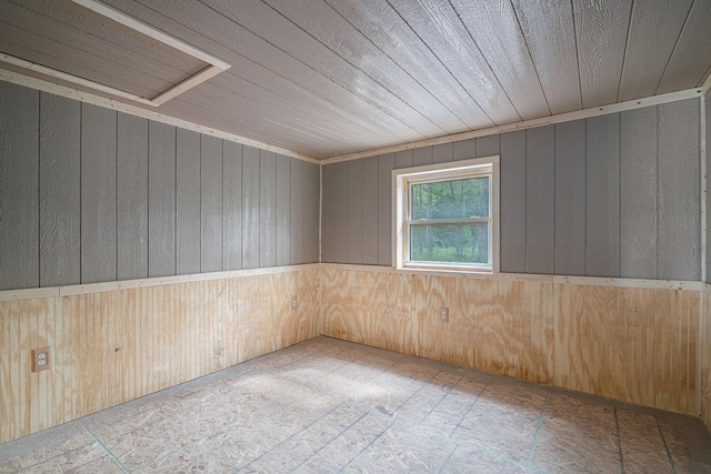 spare room featuring wooden walls and wooden ceiling