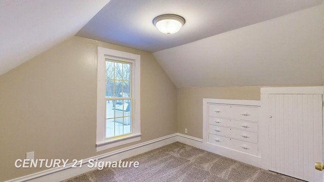 bonus room featuring vaulted ceiling and carpet