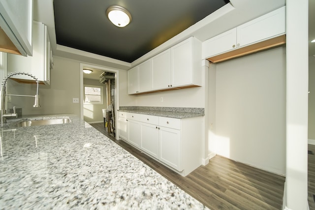 kitchen with sink, dark wood-type flooring, white cabinetry, light stone counters, and a tray ceiling