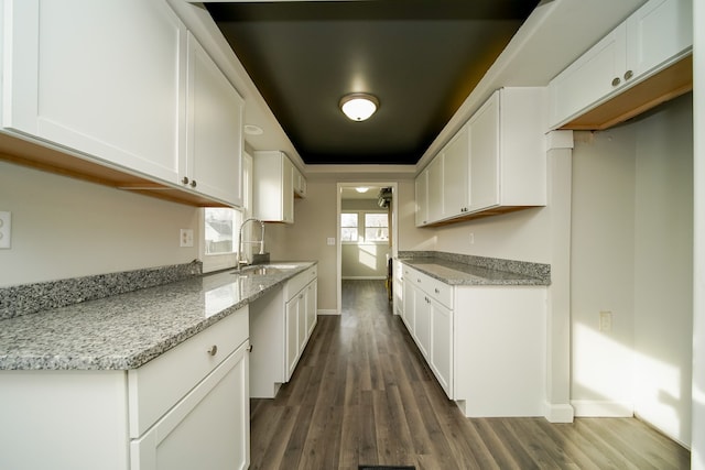 kitchen with white cabinetry, dark hardwood / wood-style floors, light stone countertops, and sink