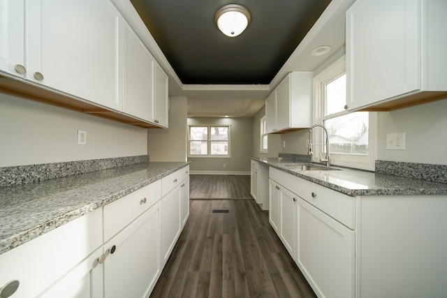 kitchen featuring a raised ceiling, white cabinetry, sink, and dark wood-type flooring