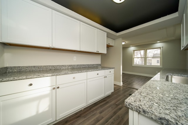 kitchen featuring white cabinetry, light stone counters, dark hardwood / wood-style floors, and a raised ceiling