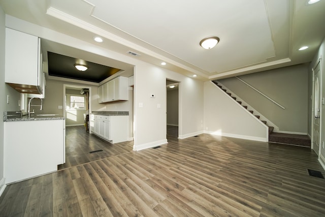 unfurnished living room featuring dark hardwood / wood-style floors, a raised ceiling, and sink