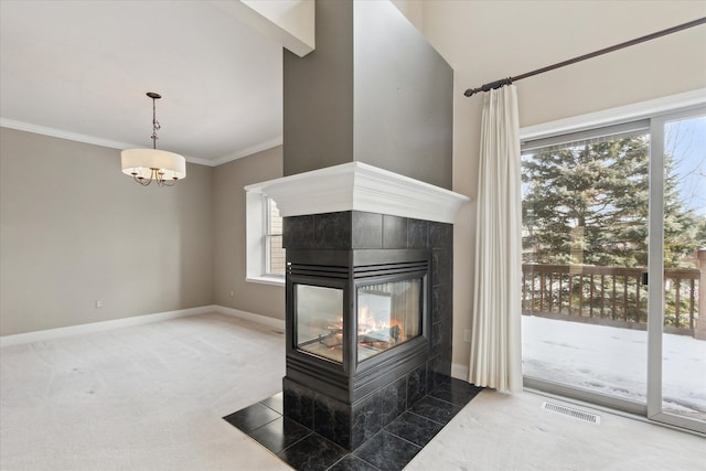 living room with crown molding, a multi sided fireplace, carpet floors, and a wealth of natural light