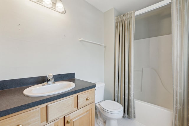 full bathroom with vanity, tile patterned flooring, shower / bath combination with curtain, and toilet