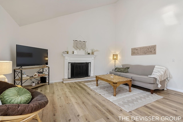 living room with light hardwood / wood-style flooring and high vaulted ceiling