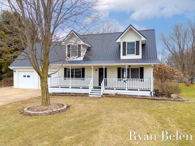 cape cod house with a garage, a front lawn, and a porch