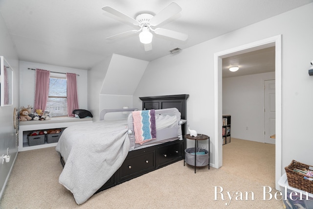 carpeted bedroom with ceiling fan