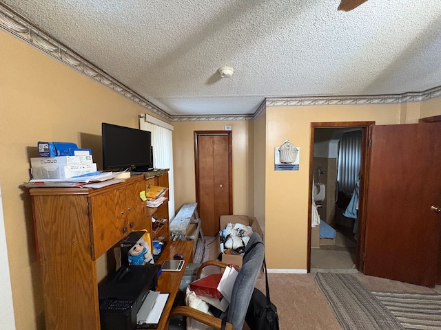 interior space featuring light colored carpet and a textured ceiling