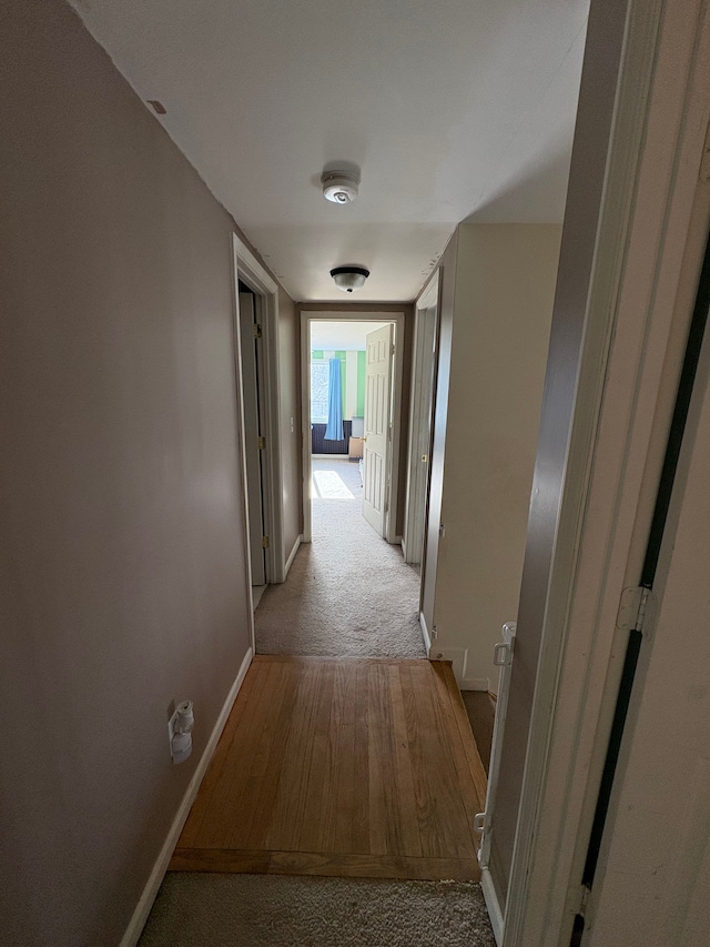 hallway with light colored carpet