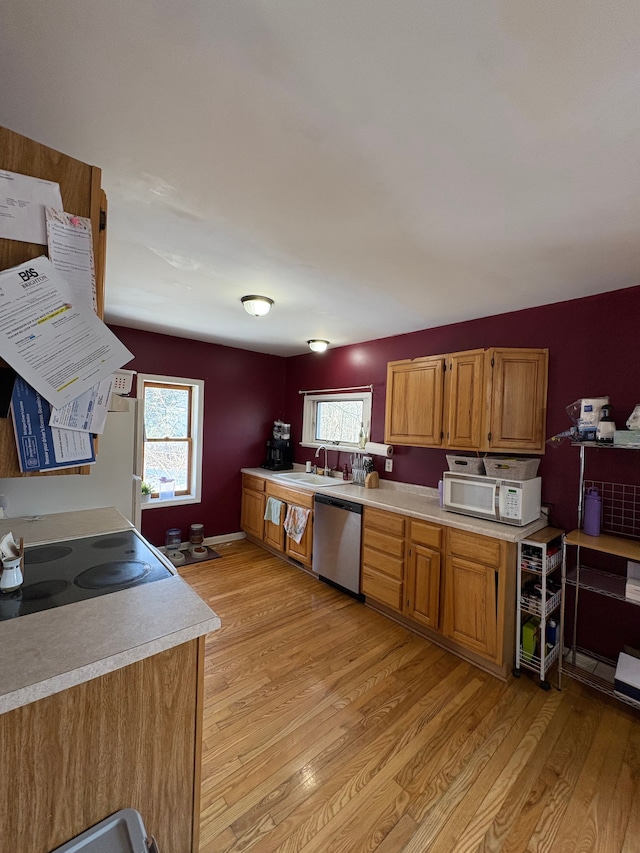 kitchen with sink, stainless steel dishwasher, range, and light hardwood / wood-style flooring