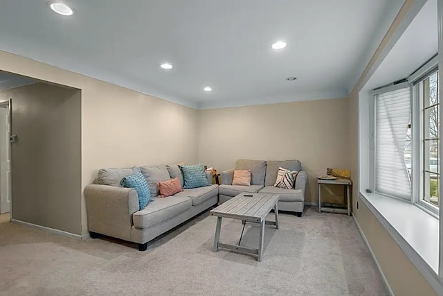 living room with light colored carpet