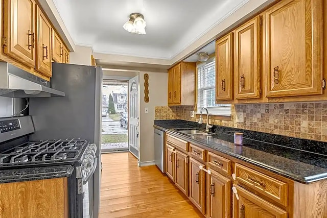 kitchen with sink, stainless steel appliances, decorative backsplash, dark stone counters, and light wood-type flooring