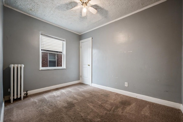 carpeted spare room with radiator, crown molding, a textured ceiling, and ceiling fan