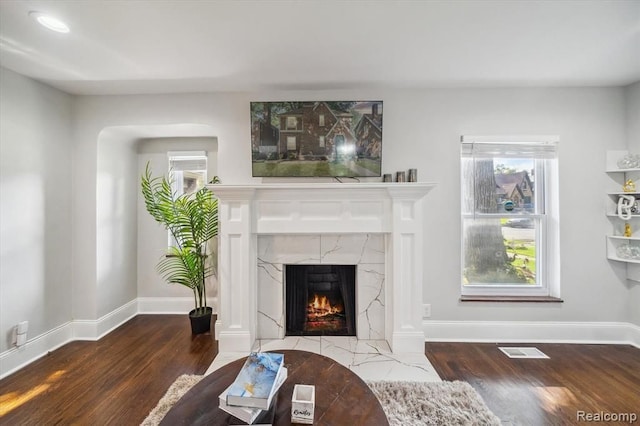 living room featuring hardwood / wood-style flooring and a fireplace