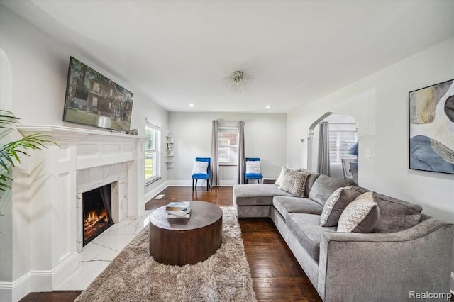 living room featuring a fireplace and hardwood / wood-style floors