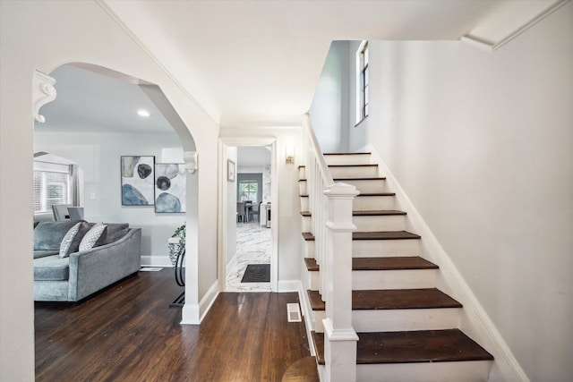 staircase featuring wood-type flooring and a wealth of natural light