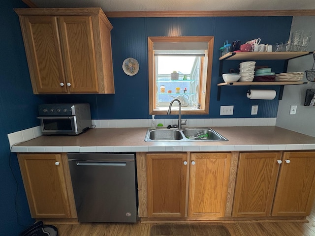 kitchen featuring sink, dishwasher, and light wood-type flooring