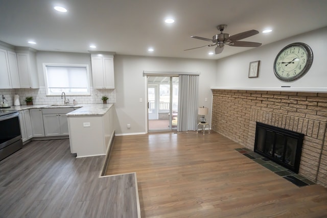 kitchen featuring sink, dark hardwood / wood-style floors, a fireplace, light stone countertops, and white cabinets