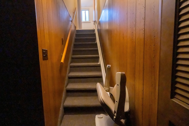 stairway with wood walls