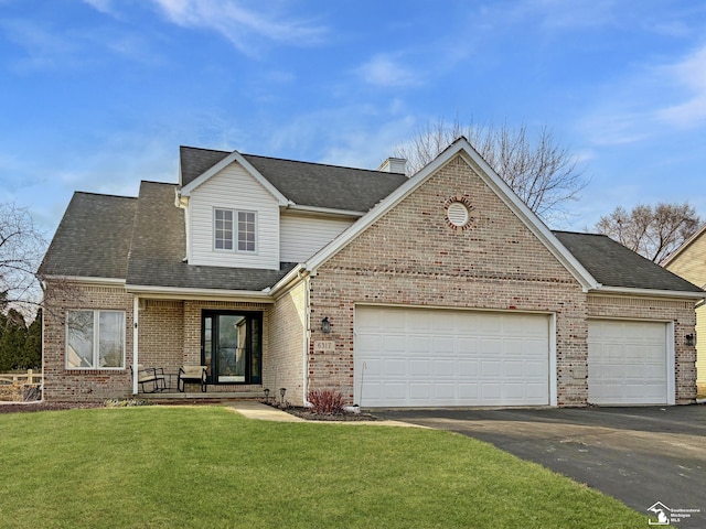 view of property featuring a garage and a front yard