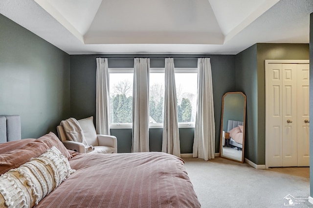 carpeted bedroom with a raised ceiling