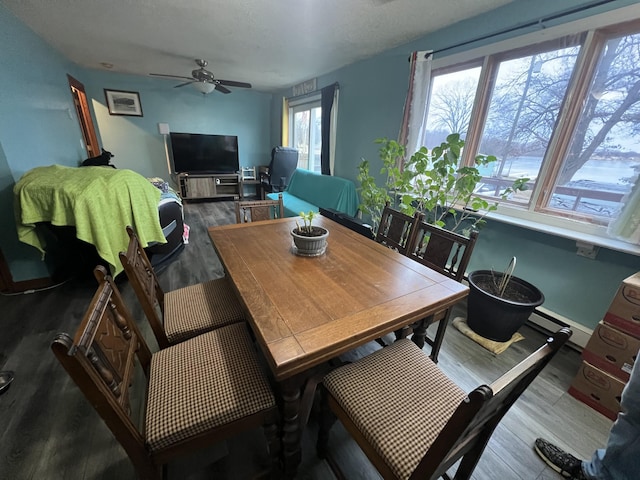 dining space with dark wood-type flooring and ceiling fan