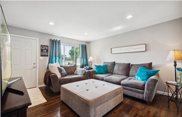 living room with dark hardwood / wood-style flooring