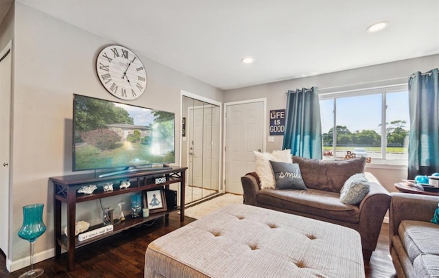 living room with dark hardwood / wood-style flooring