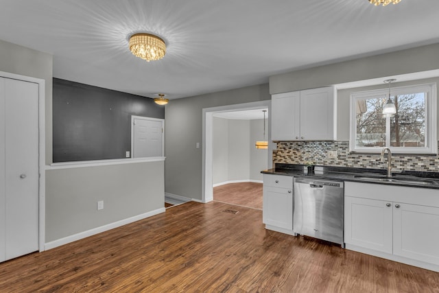 kitchen with dark hardwood / wood-style floors, sink, white cabinets, decorative backsplash, and stainless steel dishwasher