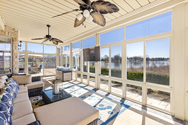 sunroom / solarium with wooden ceiling and ceiling fan