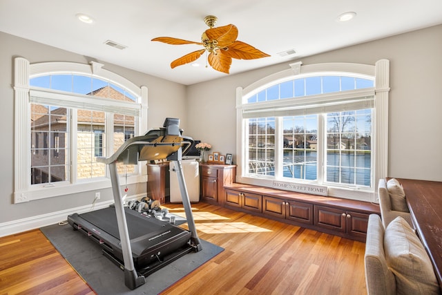 workout area with a wealth of natural light, ceiling fan, and light wood-type flooring