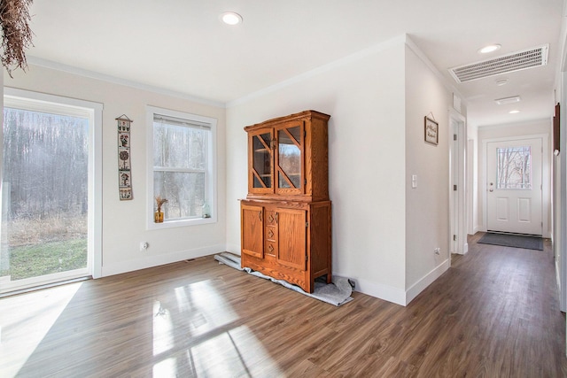 16715 Williamsville St, Vandalia, MI 49095 - foyer featuring crown molding, plenty of natural light, and dark hardwood / wood-style flooring