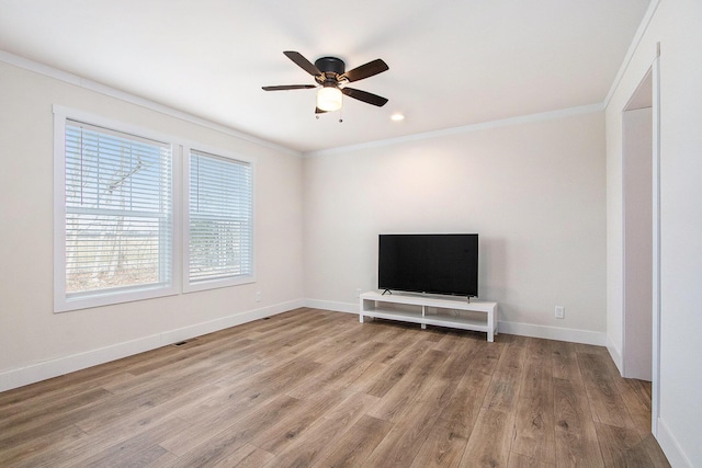 16715 Williamsville St, Vandalia, MI 49095 - unfurnished living room with ornamental molding, hardwood / wood-style floors, and ceiling fan